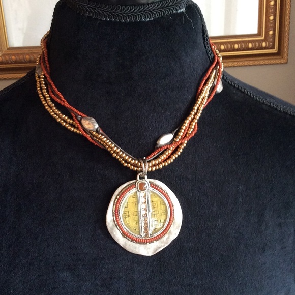 Jewelry - CHICOS HAMMERED BRASS Artisan Beaded Necklace Large Pendant